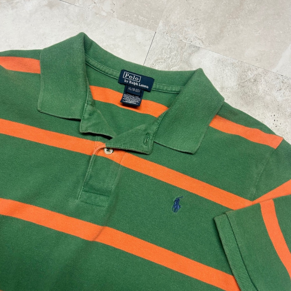 Polo Ralph Lauren Striped Polo Shirt Green Orange Boys XL 18-20 Short Sleeve